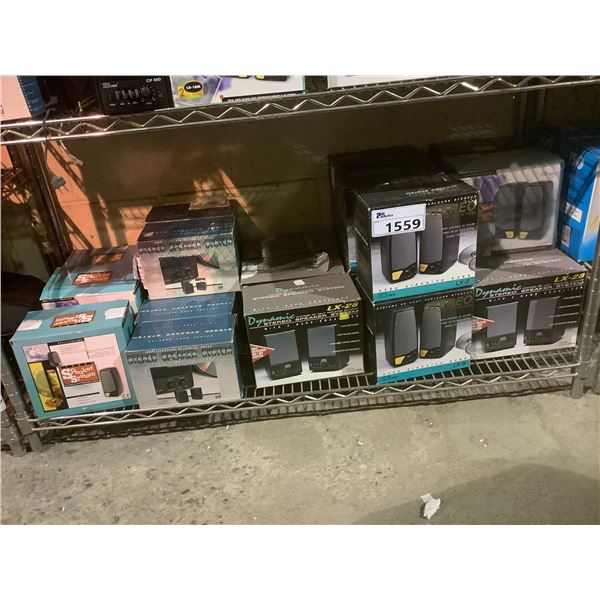 SHELF LOT OF COMPUTER SPEAKERS