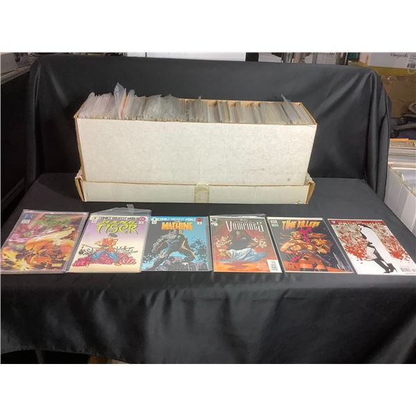 BOX OF ASSORTED COMIC BOOKS TITLES INCLUDE : JUDGE DREDD, BLADE, THE YOUNG INDIANA JONES