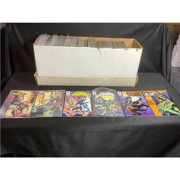 BOX OF ASSORTED COMIC BOOKS TITLES INCLUDE : PSI- LORDS, RAI, SECRET WEAPONS, SOLAR MAN OF THE