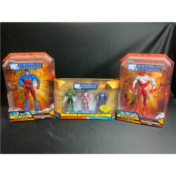 3 NEW IN BOX DC UNIVERSE ACTION FIGURES : SUPERMAN, THE ATOM, & CRISIS