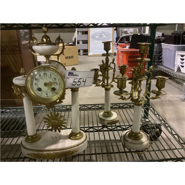 WHITE MANTLE CLOCK WITH MATCHING CANDLESTICKS