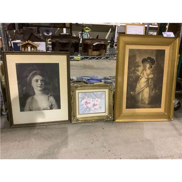 2 LADY FRAMED PICTURES AND 1 FLORAL OIL