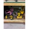 Image 2 : SHELF LOT OF DEWALT DRILLS, SAFETY BELT, SNOW CHAINS, AND MORE