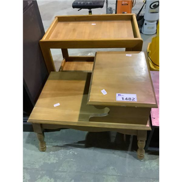 2 TIER MAPLE END TABLE AND WOODEN ROLLING CART