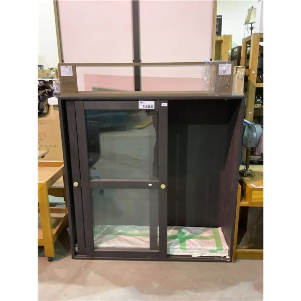 DARK STAINED WOODEN GLASS FRONT CABINET WITH GLASS SHELVES, SMALL SHELF INCLUDED