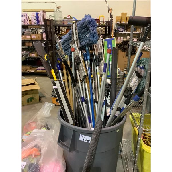 GREY WASTE BIN WITH SWIFTER DUST MOPS, AND OTHER CLEANING TOOLS