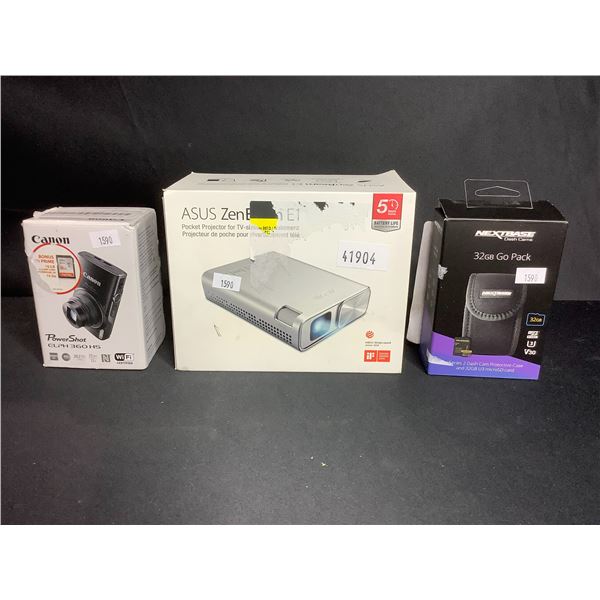 CANON POWERSHOT ELPH 360HS CAMERA, NEXTBASE 32GB GO PACK, & ASUS ZENBEAM E1 POCKET PROJECTOR