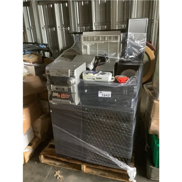 PALLET OF STORAGE LOCKER GOODS , INCLUDES, STEREO, SPEAKERS, AIR CONDITIONER, AND MORE