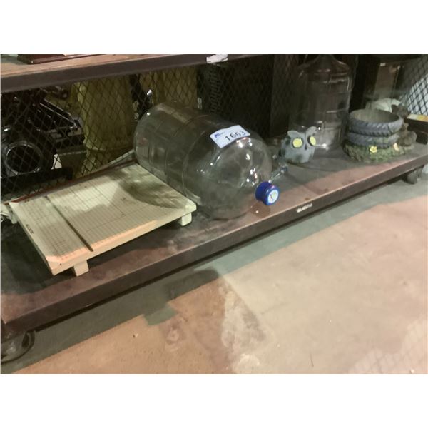 SHELF LOT OF GLASS CARBOYS, PLANTER, AND MORE