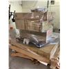 Image 1 : PALLET OF ASSORTED FURNITURE INCLUDING STORAGE BENCH, COUNTER HEIGHT CHAIRS, DINING TABLE,