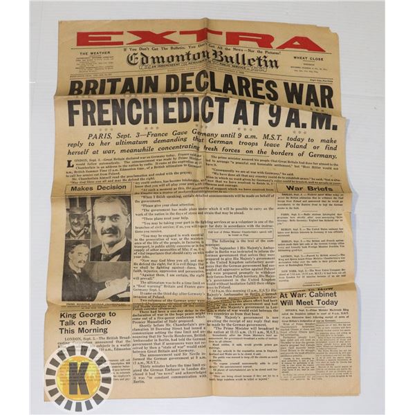 #400 1939 EDMONTON NEWSPAPER START OF WW2