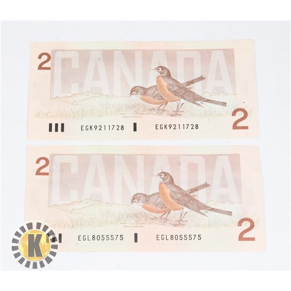 #524  LOT OF 2 CANADIAN $2 BILLS 1986