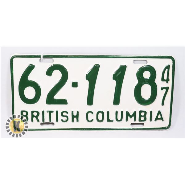 #581 BRITISH COLUMBIA 1947 62-118 LICENCE PLATE