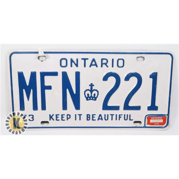 #587 ONTARIO 1973 LICENCE PLATE MFN 221 KEEP