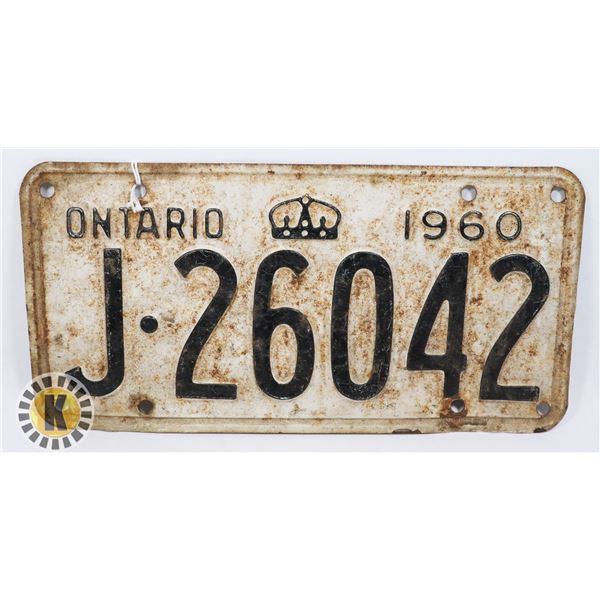 #588 ONTARIO 1960 LICENCE PLATE J26042 CROWN