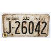 Image 1 : #588 ONTARIO 1960 LICENCE PLATE J26042 CROWN
