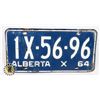 Image 1 : #606 ALBERTA 1964 LICENCE PLATE 1X-56-96 CANADA