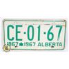 Image 1 : #607 ALBERTA 1967 LICENCE PLATE CE-01-67 CANADA