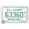 Image 1 : #611 B.C. EXEMPT LICENCE PLATE MUNICIPAL 1971