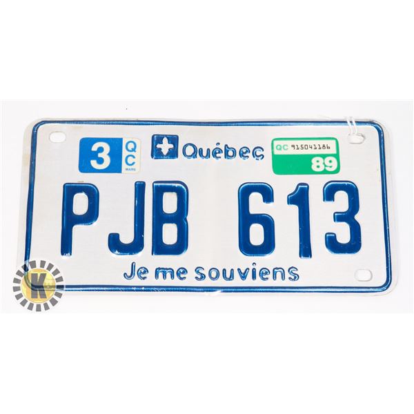 #612 QUEBEC 1989 LICENCE PLATE PJB613  SMALL SIZE