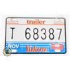 Image 1 : #617 RARE YUKON TRAILER LICENCE PLATE 1998 T68387