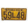 Image 1 : #623 U.S.A. LICENCE PLATE 1932 PENNSYLVANIA 59L48