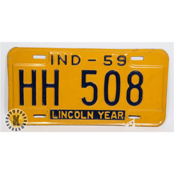 #650 U.S.A. LICENCE PLATE 1959 INDIANA LINCOLN