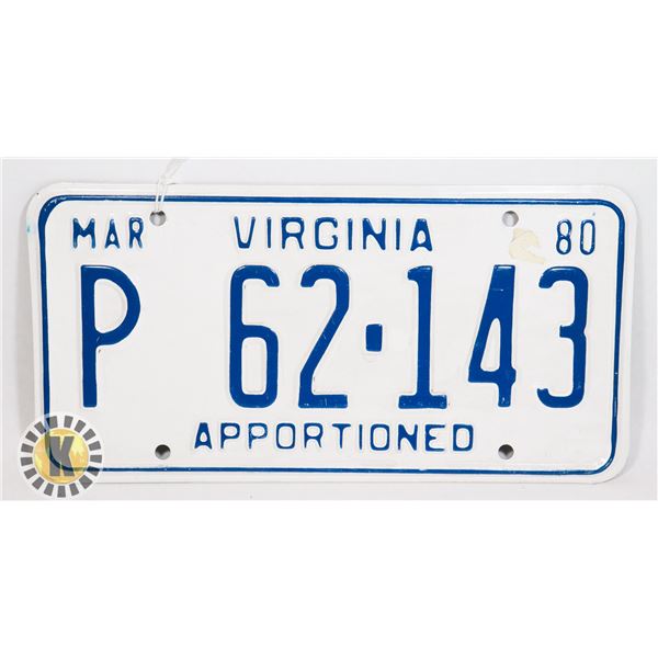 #652 U.S.A. LICENCE PLATE 1980 VIRGINIA