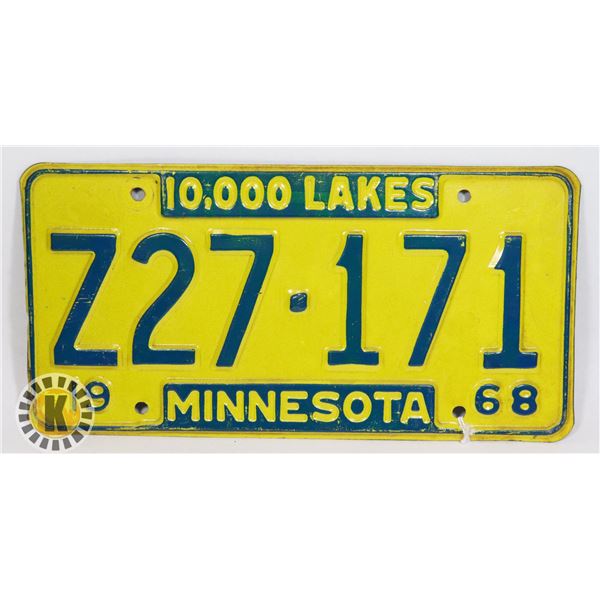 #654 U.S.A. LICENCE PLATE 1968 MINNESOTA 10000