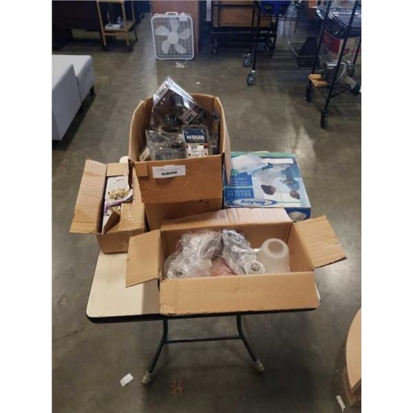 BOX OF DOOR HANDLES, BATHROOM FAN, LIGHT FIXTURE, BOX OF CABLE SPLITTERS