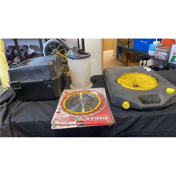 TWO 12 INCH SAW BLADES, SIMONIZ POLISHER, OIL PAN AND FUNNEL