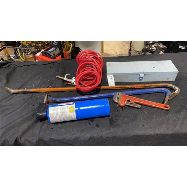 CASE OF DRILL BITS, 2 CROWBARS, AIR HOSE, PIPE WRENCH AND TORCH