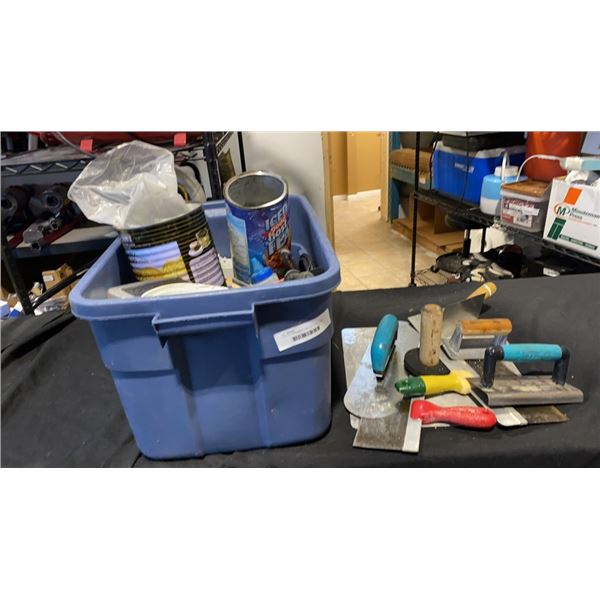 TOTE OF HARDWARE, ELECTRICAL BOXES AND DRYWALL AND MUDDING TOOLS