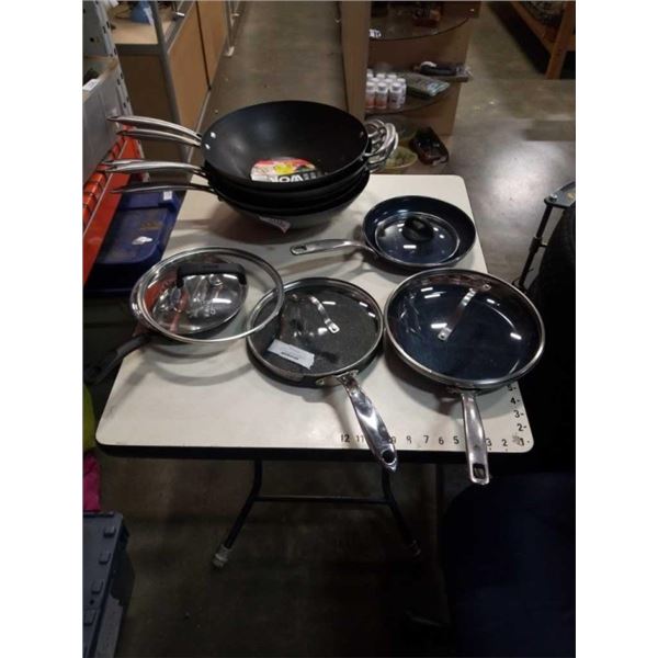 LOT OF WOKS, BLUE DIAMOND PANS AND ROCK CREPE PAN