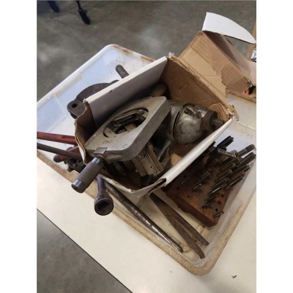 TOTE OF TAPS AND DIES, THREADING CLAMPS AND TOOLS