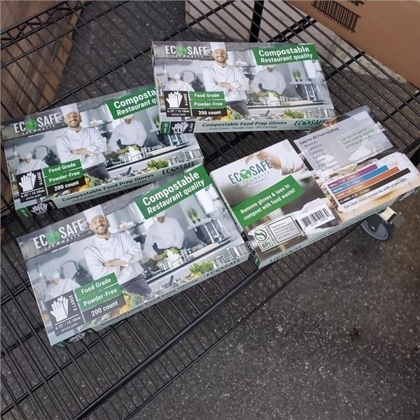 4 BOXES OF NEW ECO SAFE COMPOSTABLE PREP GLOVES SIXE XL RETAIL $130 USD