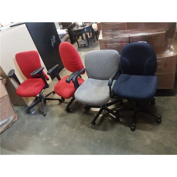 4 GAS LIFT OFFICE CHAIRS BLUE, ORANGE AND GREY