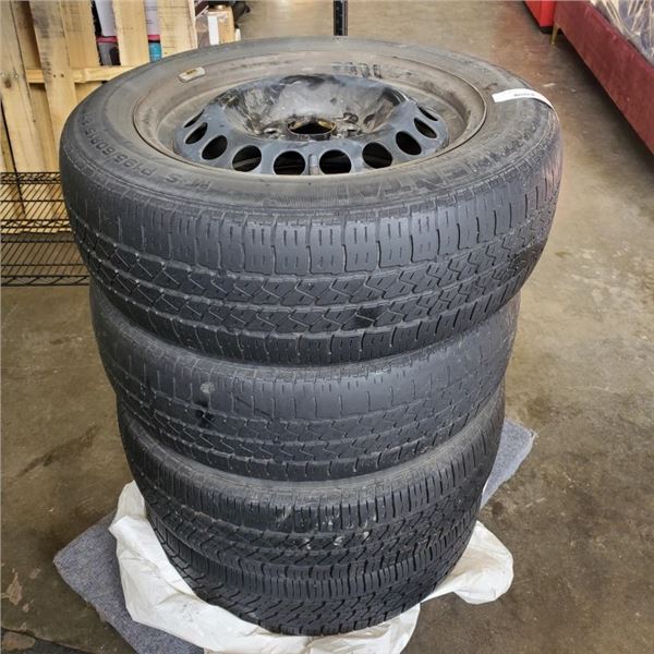 SET OF FOUR CONTINENTAL P195/60R15 INCH MUD AND SNOW TIRES ON 4 BOLT RIMS