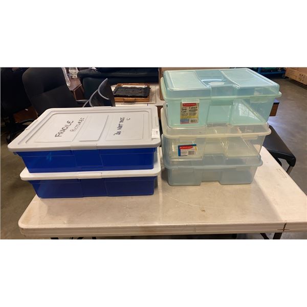 5 STORAGE CONTAINERS - 2 TOTES AND 3 CLAMSHELL SNAP CASES