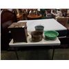 Image 1 : METAL FIRE BOX, ENAMELED BOWL, GALVANIZED PAIL AND BRASS PLANTER POT