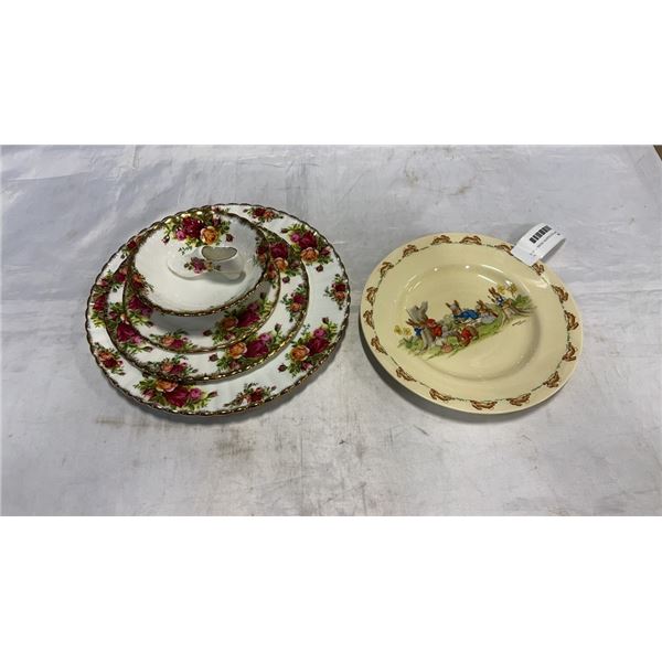 ROYAL ALBERT OLD COUNTRY ROSE PLACE SETTING, ASHLEYDALE CHINA SHOE AND ROYAL DOULTON BUNNYKINS PLATE