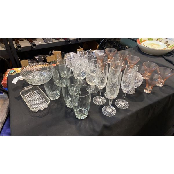 CRYSTAL GLASSES AND STEMWARE, PINK GLASSES, LIDDED CRYSTAL DISH AND OTHER SERVING PIECES