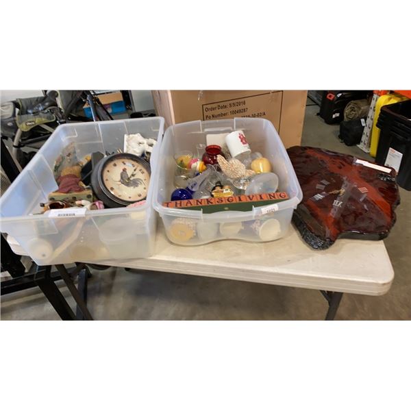 TWO TOTES OF VARIOUS COLLECTIBLE AND BURL CLOCK