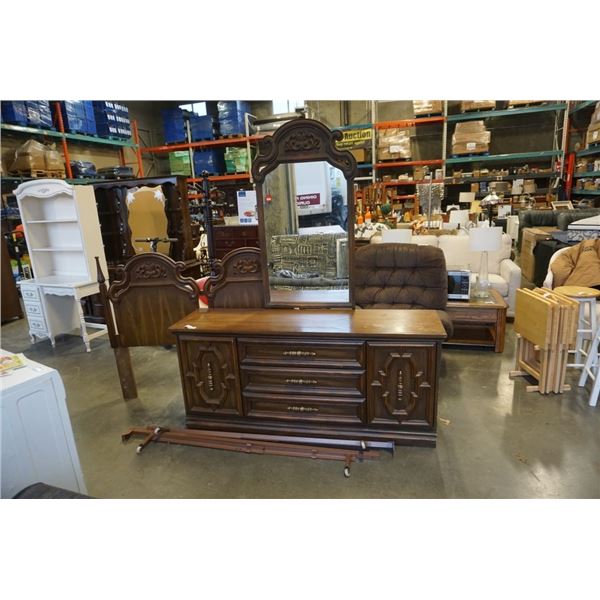 WALNUT FINISH DRESSER WITH MIRROR AND HEADBOARD