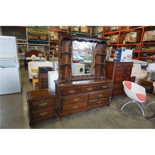 WOOD 7 DRAWER DRESSER WITH MIRROR GALLERY AND NIGHTSTAND