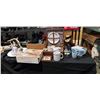 Image 1 : 2 BOXES OF ESTATE GOODS, WICKER PICNIC BASKET, GLASS SERVING PLATE