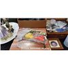 Image 2 : 2 BOXES OF ESTATE GOODS, WICKER PICNIC BASKET, GLASS SERVING PLATE