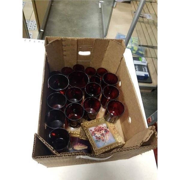 TRAY OF RUBY GLASS CUPS AND ART