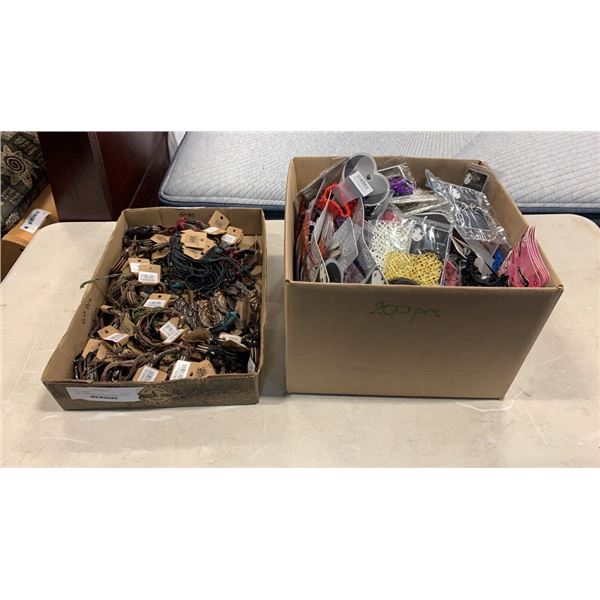 BOX OF NEW HAIR ACCESSORIES WITH LEATHER NECKLACES AND BRACELETS