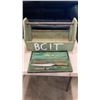 Image 2 : TOTE OF ESTATE GOODS, WOOD TOOL TRAY, CARVING SET, SILVER PLATE BELL, PICTURE FRAMES, THROW PILLOWS